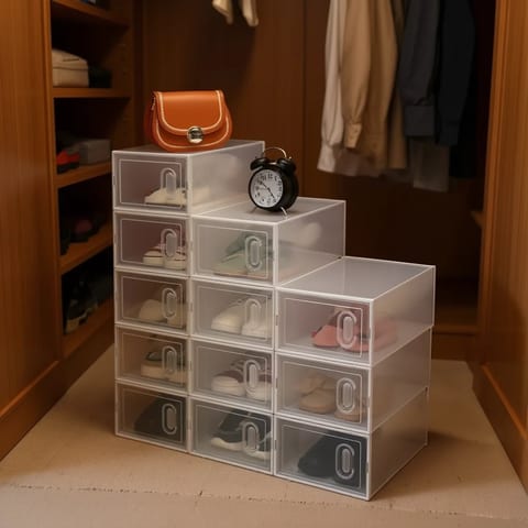 Clear Plastic Stackable Shoe Storage Boxes 12-Pack White Space Saving Organiser