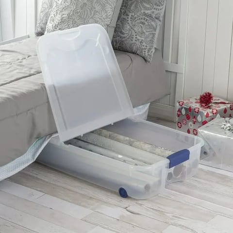 1 Pack 66 Quart Clear Underbed Storage Container with Blue Latch Lid and Wheels