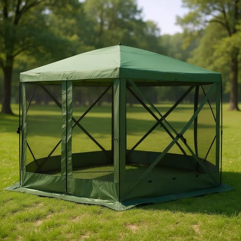 Green Pop up 6-Sided Gazebo 12X12 Ft Hexagon Mesh Netting Walls Quick Setup