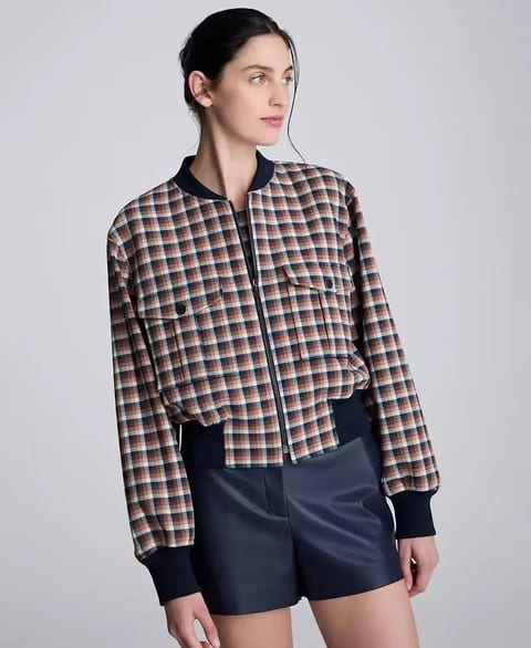 Women's Chequered Cropped Bomber Jacket   Kenneth Cole