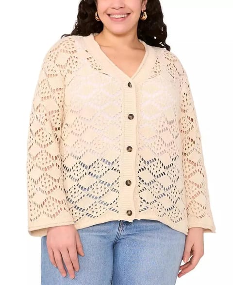 Plus Size Pointelle Cotton Cardigan   Vince Camuto