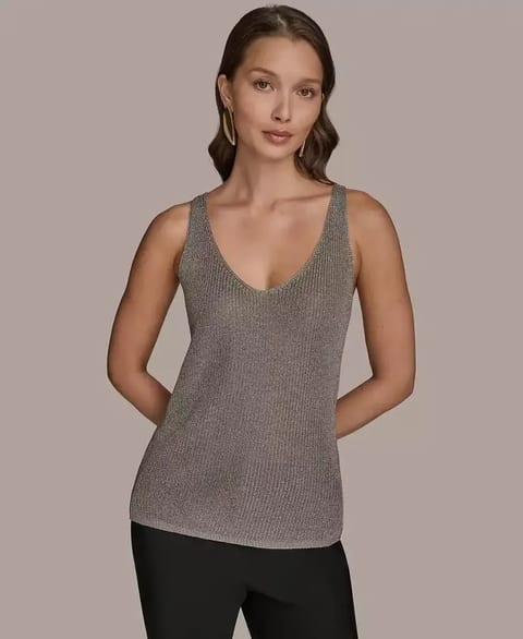 Women's Metallic V-Neck Sweater Shell   Donna Karan New York