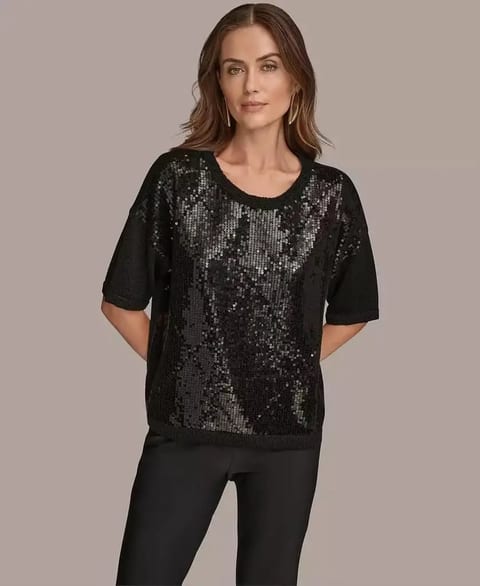 Women's Short Sleeve Sequin Sweater   Donna Karan New York