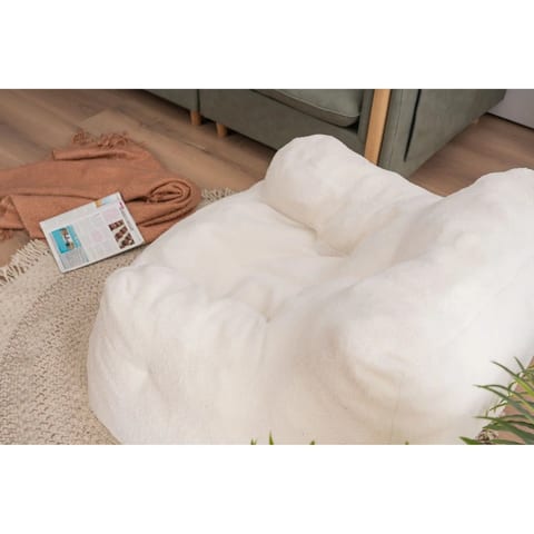 010 Ivory White Teddy Fabric Tufted Foam Bean Bag Sofa Soft and Cozy Bean Bag
