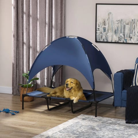 "48x36" Portable Dog Cot with UV-Protected Canopy Shade & Cooling Pad Dark Blue