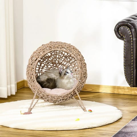 20.5\" Natural Banana Leaf Kitten House Condo Hand Woven Cat Bed with Cushion