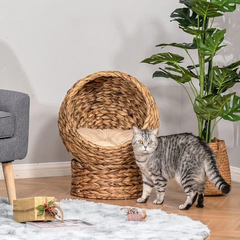"Brown Braided Banana Leaf Cat Nest with Cool & Washable Cushion"