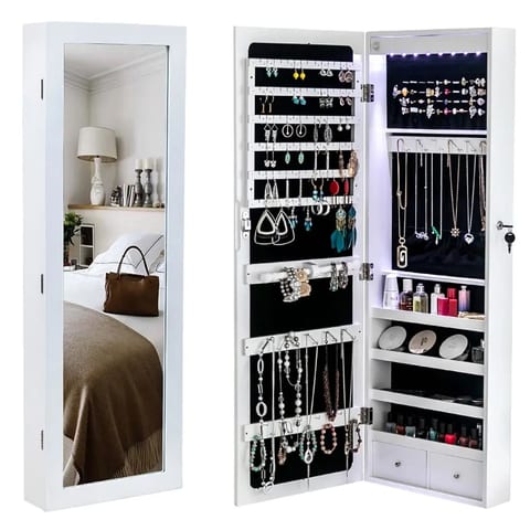 LED Mirror Cabinet with 4 Wooden Shelves 2 Drawers 8 Blue LED Lights Wall
