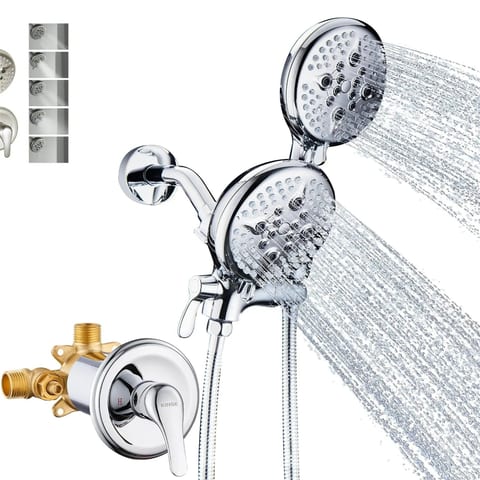Dual Shower Head System w Handheld 5 Spray 71in Hose Valve Kit Chrome