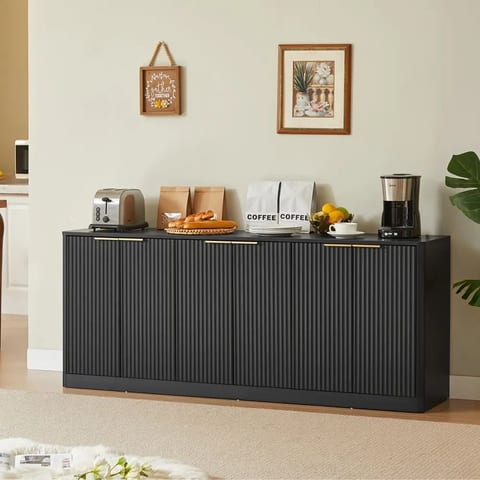 Modern Black Sideboard Buffet Cabinet 6 Door Storage Credenza for Dining Room