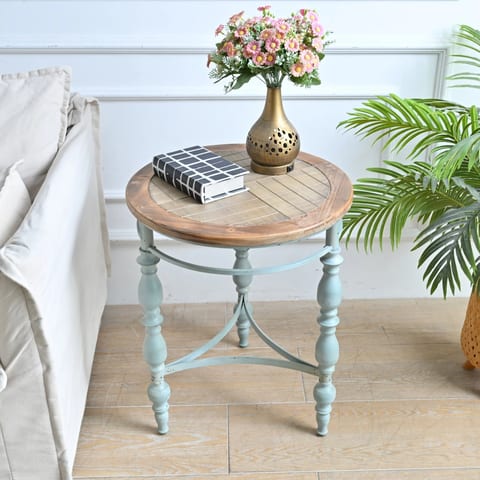 INNOVA Rustic Small Wood Carved Round Coffee Table Antique Shabby Chic Side
