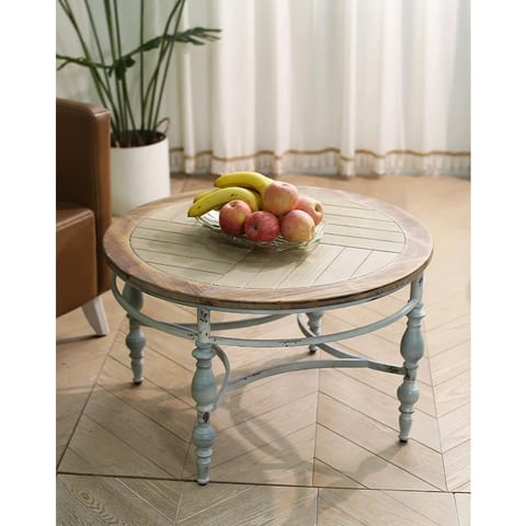 Innova Vintage Rustic Fir Wooden Coffee Table Metal Base Round Retro Dining