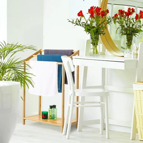 Bamboo 3 Tier Towel Shelf for Bathroom, Freestanding Beach Towel with Storage