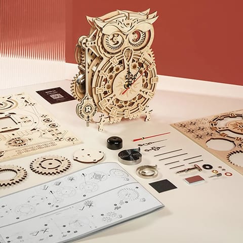 CPC Certificated Robotime Rokr DIY Handmade Assemble Toys LK503 Owl Clock 3D