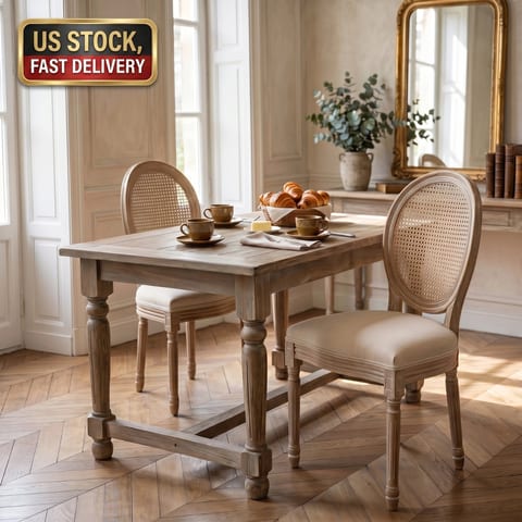 [ ] French Solid Wood Rattan Cane Back Dining Chair with Upholstered Linen