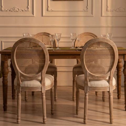 [ ] French Solid Wood Rattan Cane Back Dining Chair with Upholstered Linen