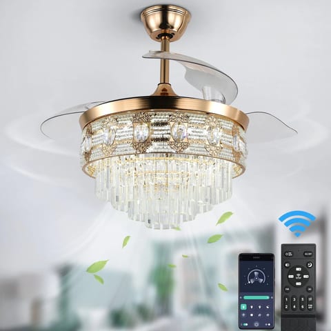 US Warehouse 42 Inch Retractable Chandelier Led Ceiling Fans With Light Home