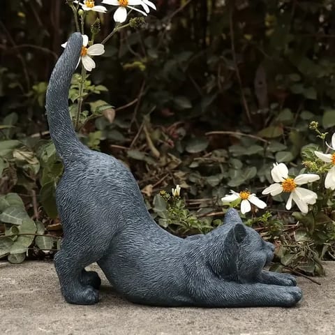 Yoga Stretching Cat Statue - Resin Zen Kitten Garden Figurine for Outdoor