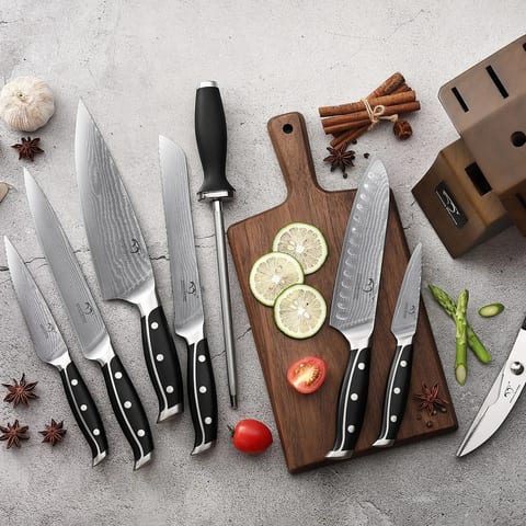 9 Pieces Damascus Knife Set Kitchen Knife Set with Wooden Block and Non-slip