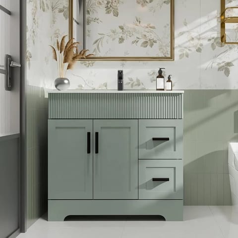 36" Green Bathroom Vanities Combo Set Wave Lines Modern Bathroom Cabinet Vanity