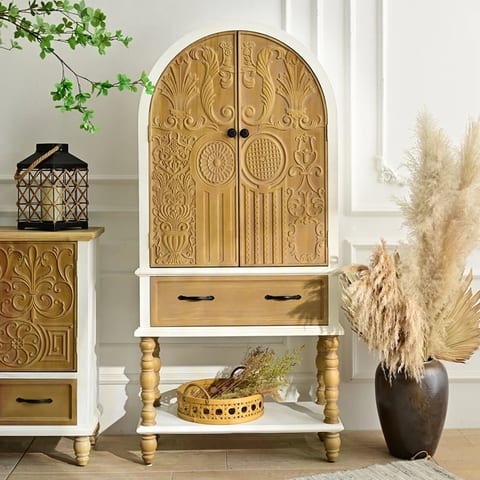 INNOVA Vintage White Solid Wood Tall Sideboard Cabinet Carved Door with Drawer