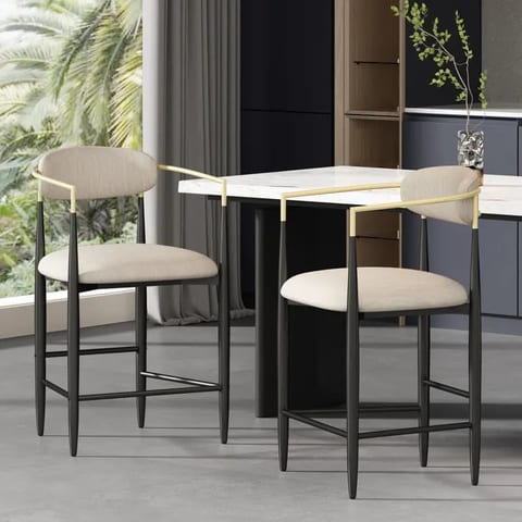 Luxury Fabric Upholstered Metal Frame Adjustable High Bar Stool with Leather