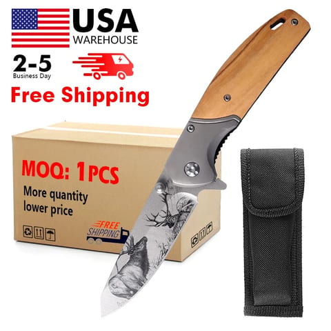 KEENSUN Customize logo Pattern Foldable Wooden Pocket with Clip Camping Knife