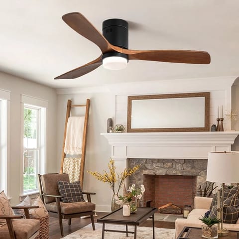 USA Flush Mount 52 Inch 3 Solid Wood Remote Control Led Ceiling Fan With Light