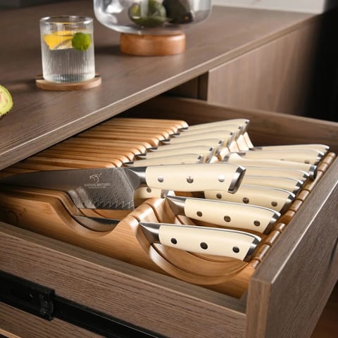 Brand New Damascus Non-Stick Chef Butcher Knife Set With Bamboo Drawer Block,14