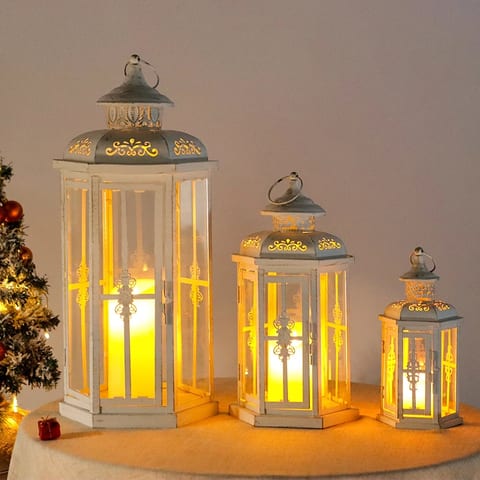 Set of 3 Vintage Metal Glass White Candle Indoor Outdoor Decorative Metal