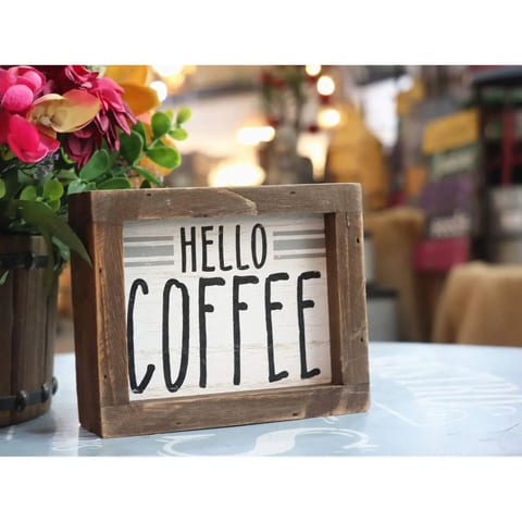 Parisloft Hello Coffee Barn Wood Small Box Sign for Kitchen Decor Coffee Bar