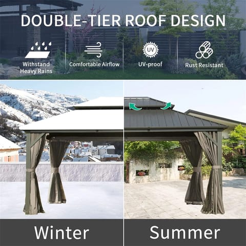 [ ] 12 X 14 ft Outdoor Aluminum Iron Frame Gazebo 2-Tier Hardtop Garden Tent