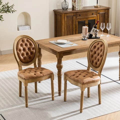 [ ] French Design Elegant Luxury Modern Sand PU Leather Dining Chair Set Tufted