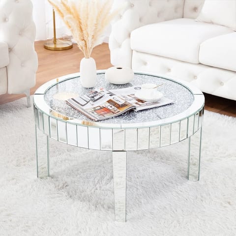 Hot Luxury Living Room Round Center Table Glass Top Diamond Crystal Mirrored
