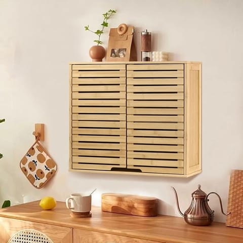Bathroom Wall Cabinet 2 Doors Bamboo Hanging Storage Organizer for Clothing for