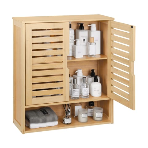 2-Door Bamboo Over-The-Toilet Storage Organizer Wall Mounted Bathroom Cabinet