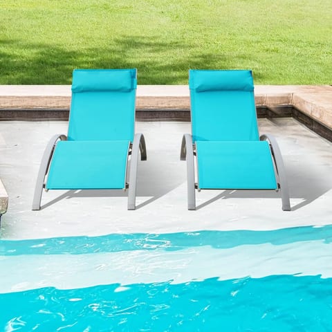 Set of 2 Adjustable Aluminum Outdoor Sun Loungers All Weather Poolside Deck