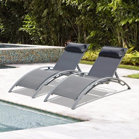 Set of 2 Adjustable Aluminum Outdoor Sun Loungers All Weather Poolside Deck