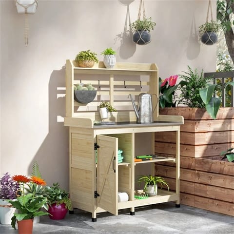 Natural Wood Garden Work Bench Open Shelf Storage