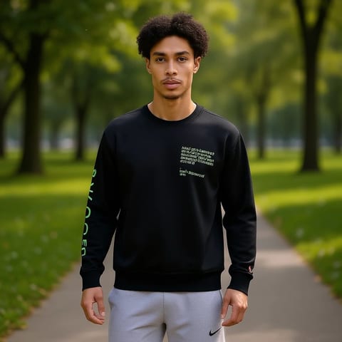 Nike Men's Active Crewneck Sweatshirt Black Green XS Regular Fit Screen Printed