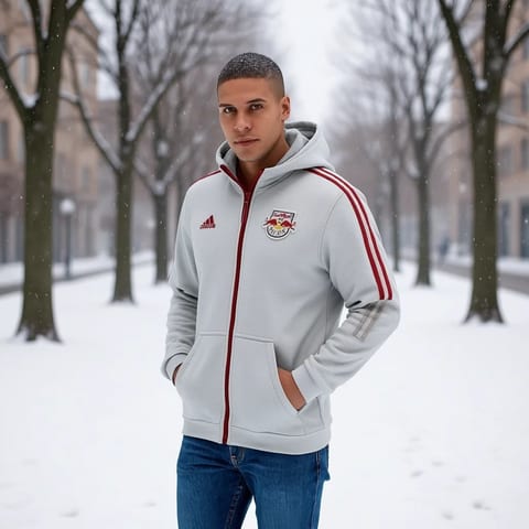 Adidas Men's Winter Hoodie Grey Red Bulls Logo 3D Embroidery Zipper-Up Sporty
