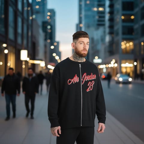 Jordan Mens Active Sweatshirt XL Black 3D Embroidery Zipper Crew Neck Oversized