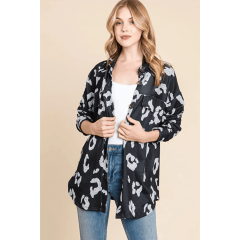 BOMBOM Women's FCJ Button up Knit Shacket Stylish Animal Print Design