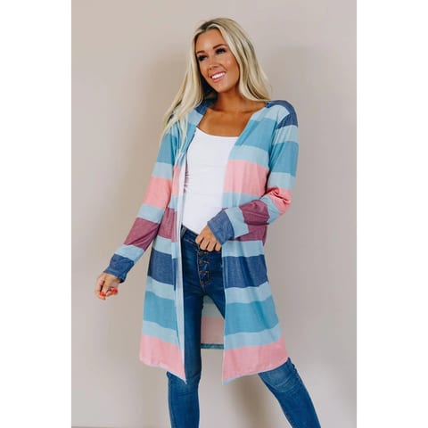 TD Billie Casual Long Cardigan Multi-Color Stripe Print Crocheted Weaving for