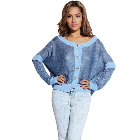 TD Casual Winter Cardigan Long Open Knit Sweater with Silver Sky Blue Sequins