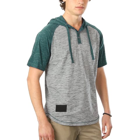 TD ZIMEGO Men's Short Sleeve Raglan Henley Hoodie Round Bottom Semi Longline