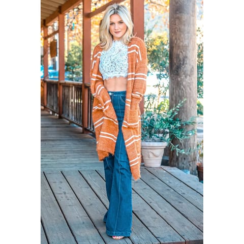 TD Casual Cardigan Sweater with Fuzzy Stripe Print and Solid Pattern Rust Color