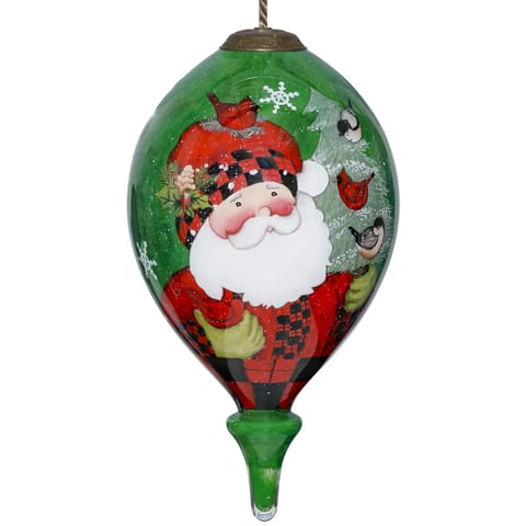 HMS Hand-Painted Mouth Blown Glass Ornament Plaid Santa with Cardinals for