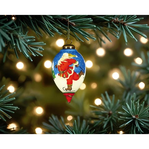 Hand Painted & Mouth Blown Glass Ornament HMS Ice Skating Santa for Christmas