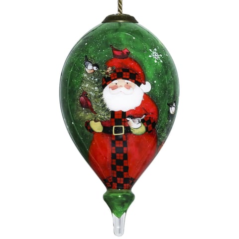 Hand Painted Mouth Blown Green Plaid Santa Ornament HMS Christmas Ball & Tree